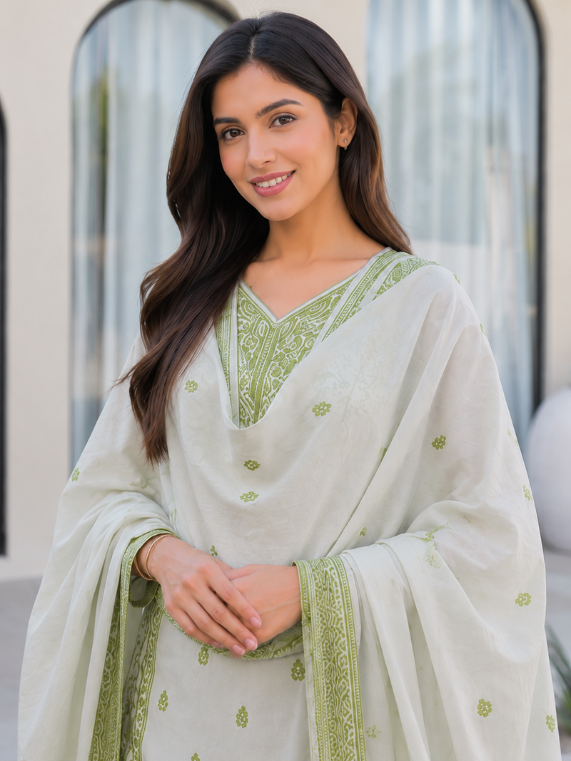 Crtx olive green jaquard pure cotton kurti with dupatta and pant