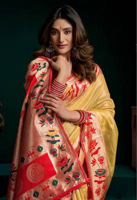 Yellow soft tissue silk blend paithani style saree with blouse piece 2