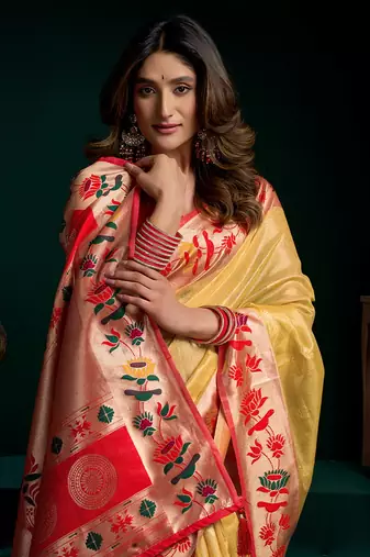 Yellow soft tissue silk blend paithani style saree with blouse piece