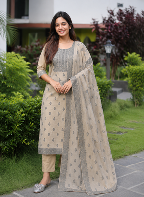 Crtx light chiku jaquard pure cotton kurti with dupatta and pant 1