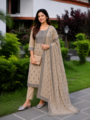 Crtx light chiku jaquard pure cotton kurti with dupatta and pant 3