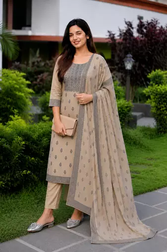 Crtx light chiku jaquard pure cotton kurti with dupatta and pant