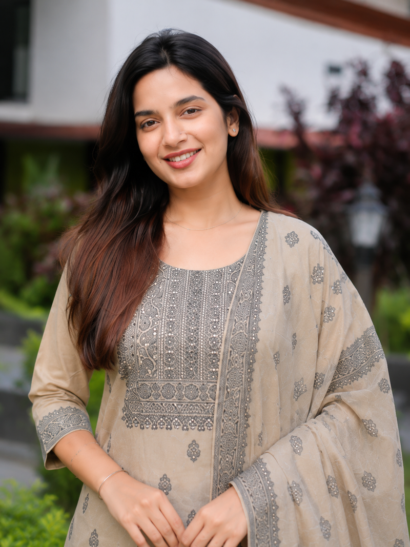 Crtx light chiku jaquard pure cotton kurti with dupatta and pant