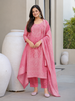 Crtx pink jaquard pure cotton kurti with dupatta and pant 1
