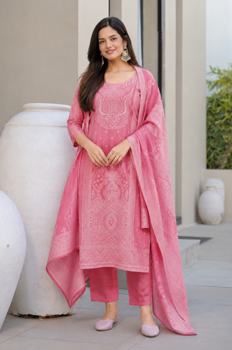  pink jaquard pure cotton kurti with dupatta and pant