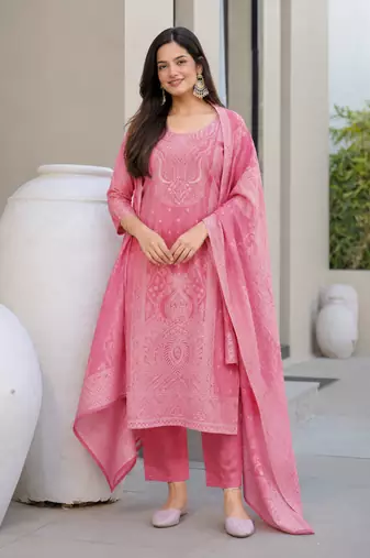 Crtx pink jaquard pure cotton kurti with dupatta and pant