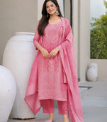 Crtx pink jaquard pure cotton kurti with dupatta and pant