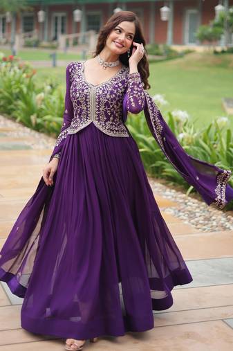 Purple georgette readymade anarkali suit with zari & embroidery work