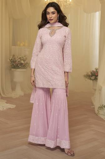 L Pink Georgette Readymade Stitched Suit with Chikankari Embroidery Work