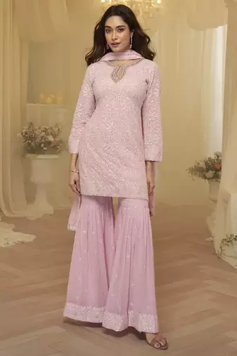 L pink georgette free size stitched suit with chikankari embroidery work