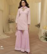 L pink georgette free size stitched suit with chikankari embroidery work