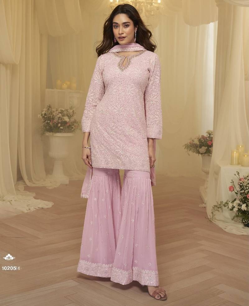 L pink georgette free size stitched suit with chikankari embroidery work