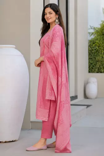 Crtx pink jaquard pure cotton kurti with dupatta and pant