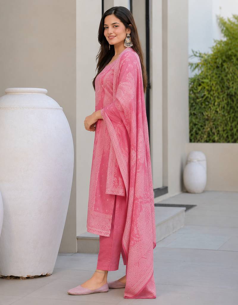 Crtx pink jaquard pure cotton kurti with dupatta and pant