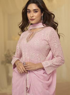 L pink georgette free size stitched suit with chikankari embroidery work 2