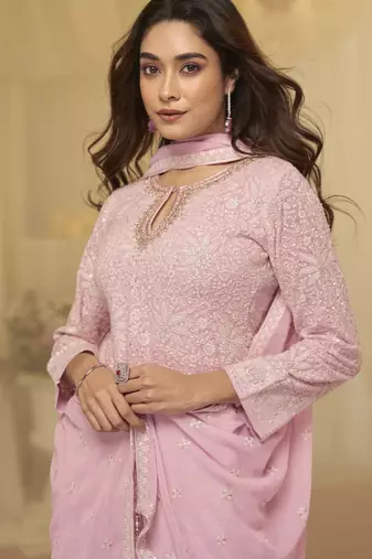 L pink georgette free size stitched suit with chikankari embroidery work