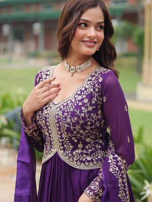 Purple georgette readymade anarkali suit with zari & embroidery work 2