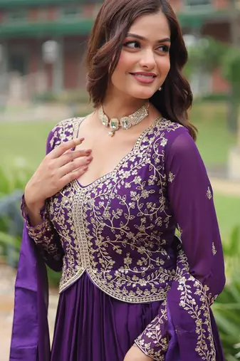 Purple georgette readymade anarkali suit with zari & embroidery work