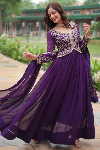 Purple georgette readymade anarkali suit with zari & embroidery work