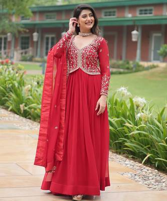 Red georgette readymade anarkali suit with zari & embroidery work 1