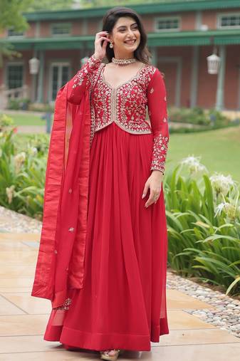 Red georgette readymade anarkali suit with zari & embroidery work