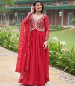 Red georgette readymade anarkali suit with zari & embroidery work
