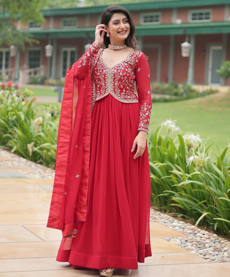 Red georgette readymade anarkali suit with zari & embroidery work