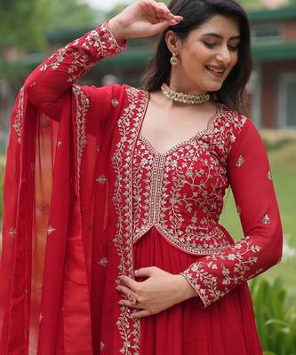 Red georgette readymade anarkali suit with zari & embroidery work 2
