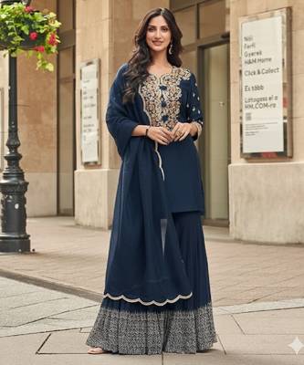 Navy vichitra silk readymade suit with thread embroidery work 1