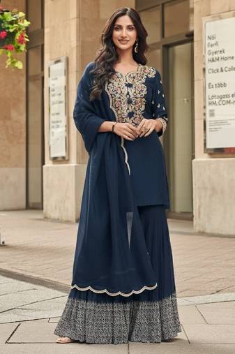 Navy vichitra silk readymade suit with thread embroidery work