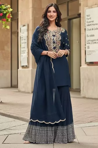 Navy vichitra silk readymade suit with thread embroidery work