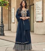Navy vichitra silk readymade suit with thread embroidery work