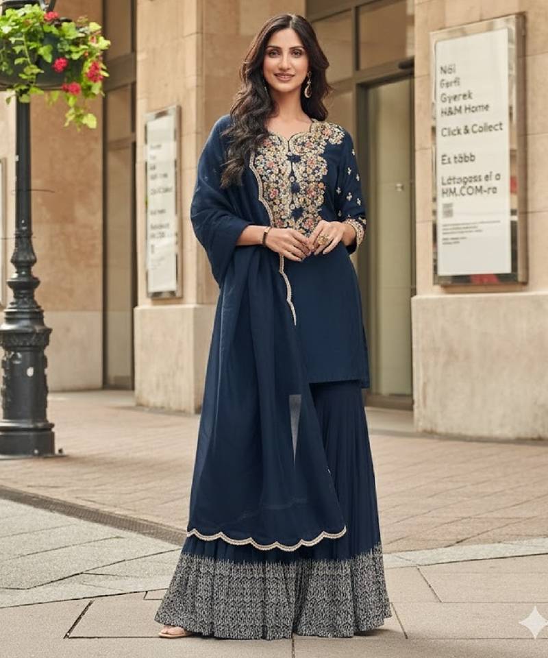 Navy vichitra silk readymade suit with thread embroidery work