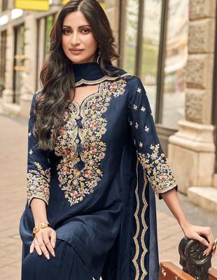 Navy vichitra silk readymade suit with thread embroidery work 2