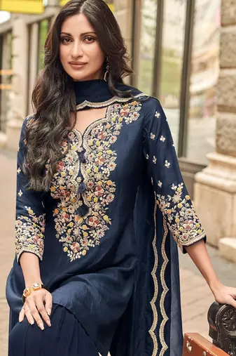 Navy vichitra silk readymade suit with thread embroidery work