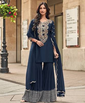 Navy vichitra silk readymade suit with thread embroidery work 3