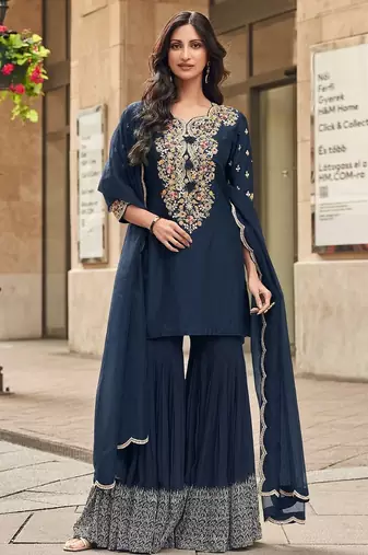 Navy vichitra silk readymade suit with thread embroidery work