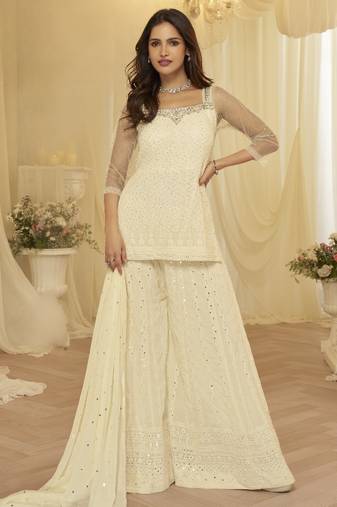 Off white georgette stitched suit with chikankari embroidery work
