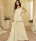 Off white georgette free size stitched suit with chikankari embroidery work