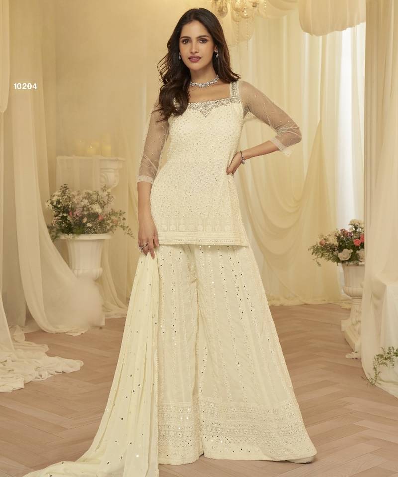 Off white georgette free size stitched suit with chikankari embroidery work