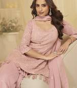 Pink georgette free size stitched suit with chikankari embroidery work