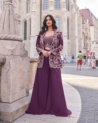 Purple chinon free size stitched 3 piece suit with dori embroidery work 1