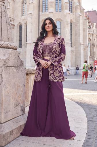 Purple chinon free size stitched 3 piece suit with dori embroidery work