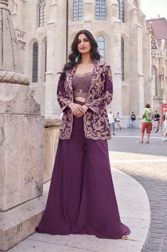 Purple chinon free size stitched 3 piece suit with dori embroidery work