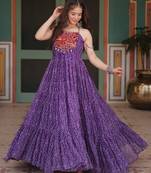 Purple georgette navratri free size stitched anarkali suit with bandhani printed work