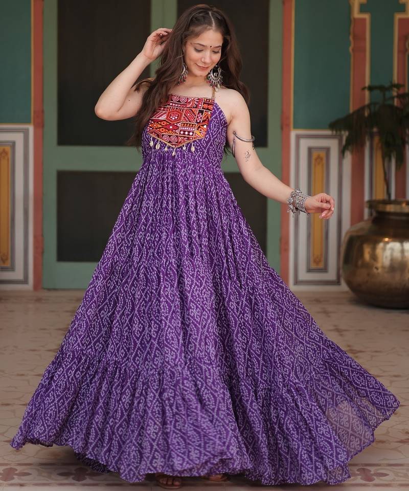 Purple georgette navratri free size stitched anarkali suit with bandhani printed work