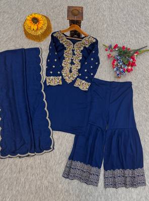 Navy vichitra silk readymade suit with thread embroidery work 4