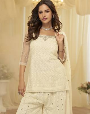 Off white georgette free size stitched suit with chikankari embroidery work 2