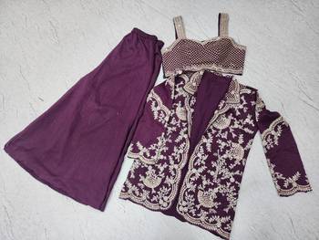 Purple chinon free size stitched 3 piece suit with dori embroidery work 2