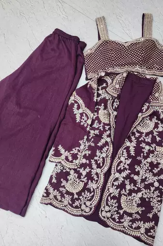 Purple chinon free size stitched 3 piece suit with dori embroidery work